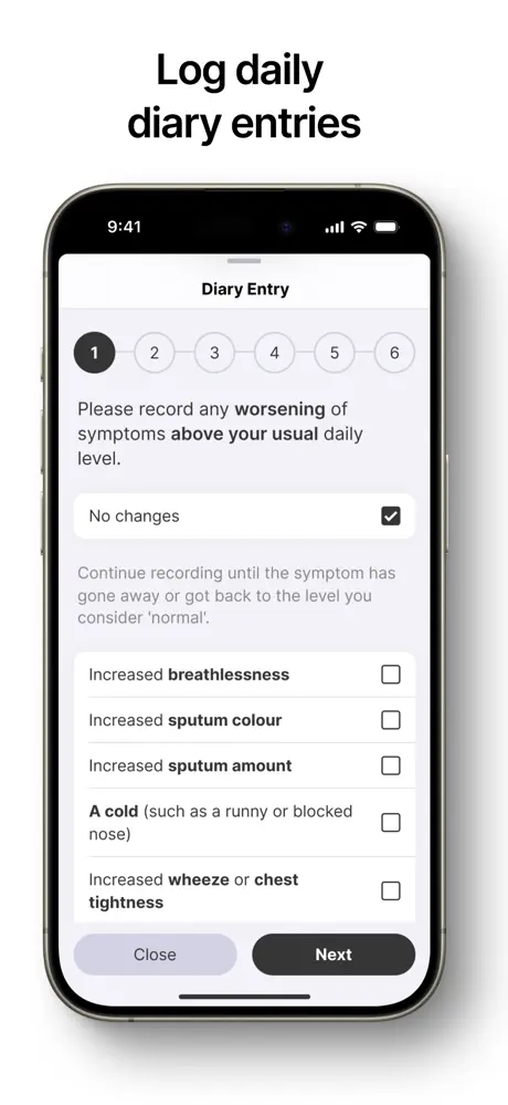CHARM Remote Patient Monitoring App Log daily diary entries screen