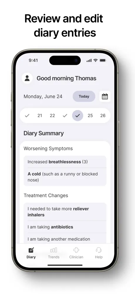 CHARM Remote Patient Monitoring App - Review and edit daily diary entries screen