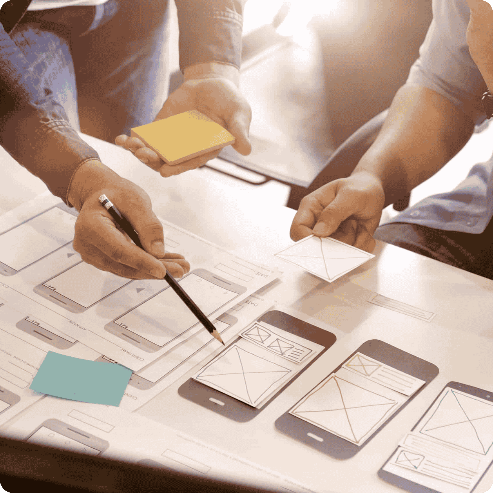 Blueprint sketches of app design process wireframe MindSea