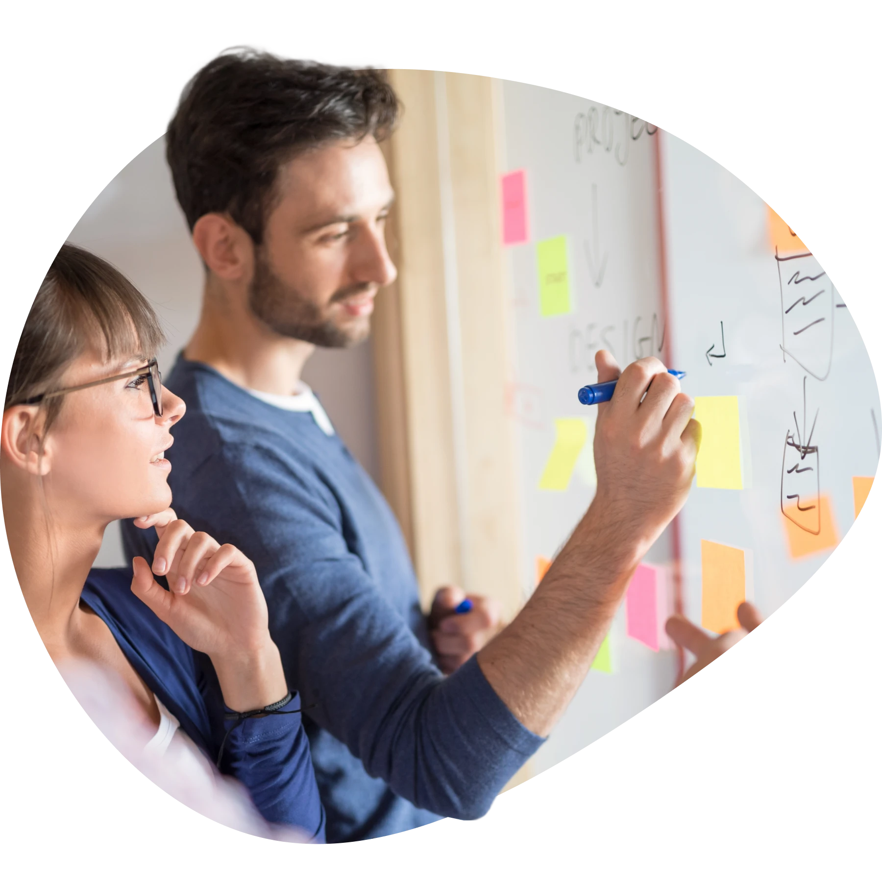 A man and a woman doing a design discussion. Writing on a window and post-its using whiteboard markers.